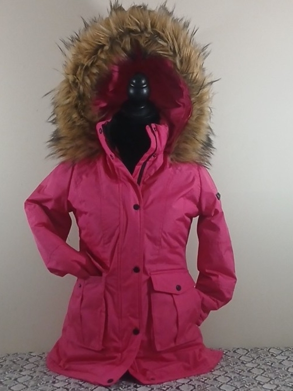 Steve Madden Girls Hot Pink Hooded Puffer Coat with Faux Fur Trim